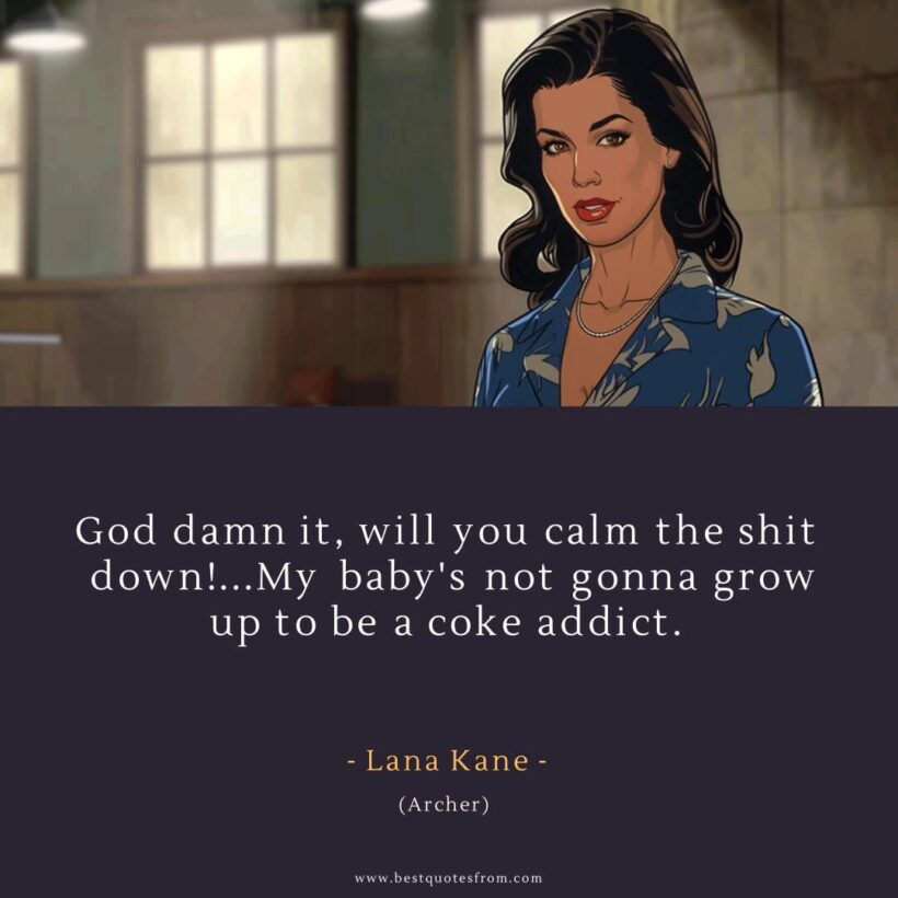 Lana Kane Quote: “God damn it, will you calm the shit down!...My baby's not gonna grow up to be a coke addict.”
