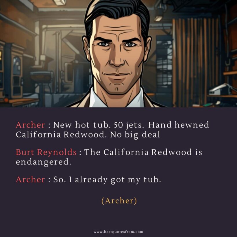 Sterling Archer Quote: “Archer: New hot tub. 50 jets. Hand hewned California Redwood. No big deal”
